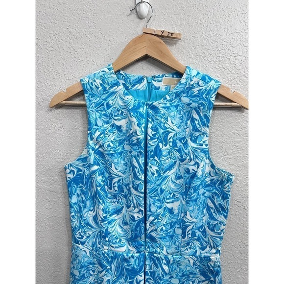 MICHAEL KORS BLUE WHITE PLEATED FRONT HIGH NECK SLEEVELESS DRESS Size 4 - Picture 3 of 14